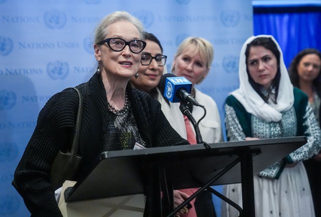 Oscar-winning American actor and activist Meryl Streep talks to the press along with other female speakers after attending the meeting on the Inclusion of Women in the Future of Afghanistan, at UN Headquarters in New York, United States on September 23, 2024. (Photo by Selcuk Acar/Anadolu via Getty Images)