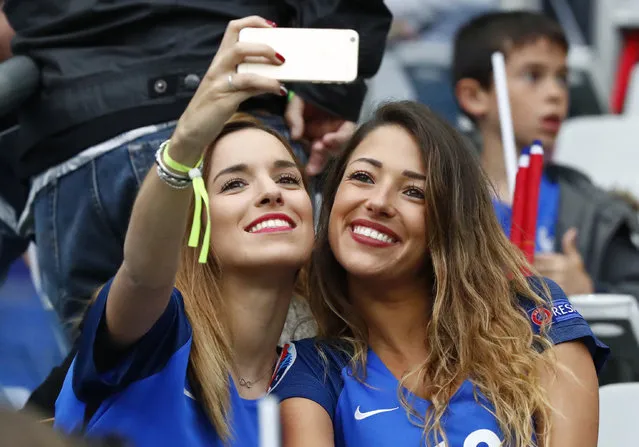 Football Soccer, France vs Iceland, EURO 2016, Quarter Final, Stade de France, Saint-Denis near Paris, France on July 3, 2016. Wife of France's  Morgan Schneiderlin, Camille Sold (R) in the stands. (Photo by Christian Hartmann/Reuters/Livepic)