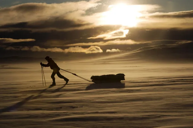 An Athlete skiing over the Hardangervidda on February 29, 2020 in Eidfjord, Norway. Expedition Amundsen is known as the world's toughest expedition race with 40kg in the sled and 100km following the path of the explorer Roald Amundsen. (Photo by Kai-Otto Melau/Getty Images)