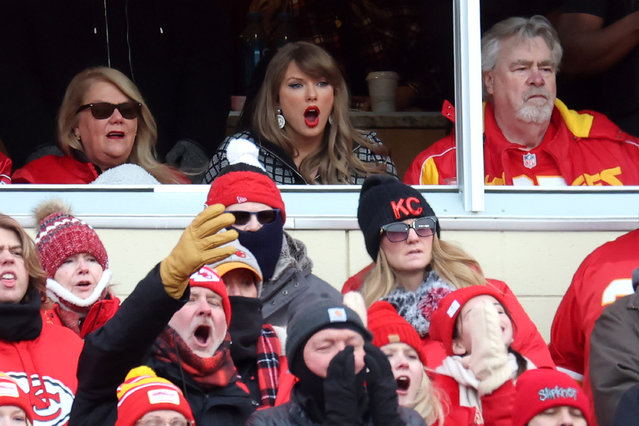 Singer-songwriter Taylor Swift reacts during the first quarter in the AFC Divisional Playoff between the Houston Texans and the Kansas City Chiefs at GEHA Field at Arrowhead Stadium on January 18, 2025 in Kansas City, Missouri. (Photo by Jamie Squire/Getty Images)