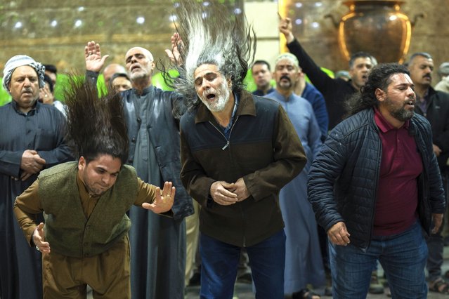Dervishes ululate at the sound of drums during a Sufi Muslim ceremony of al-Talia al-Kestezania to commemorate in the month of Ramadan in Baghdad, Iraq, Thursday, March 6, 2025. (Photo by Hadi Mizban/AP Photo)