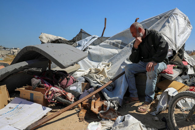 Palestinian man Read Asaliya reacts at the site where his son Ghassan, Ghassan's wife and all their five children were killed in an Israeli strike on their tent where they sheltered, according to medics, in Jabalia refugee camp in the northern Gaza Strip on April 17, 2025. (Photo by Mahmoud Issa/Reuters)