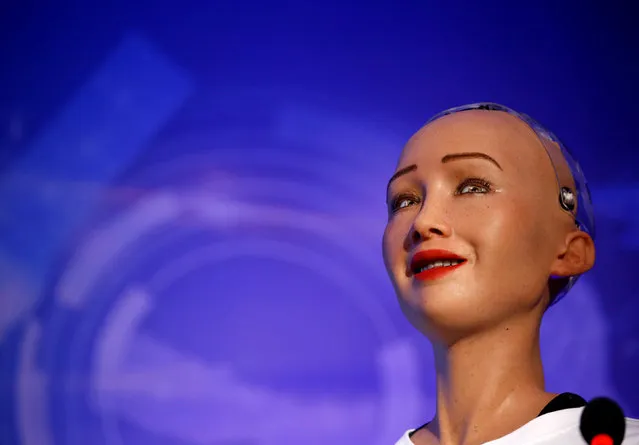 Sophia, a robot with Saudi Arabian citizenship, interacts during the innovation fair in Kathmandu, Nepal March 21, 2018. (Photo by Navesh Chitrakar/Reuters)