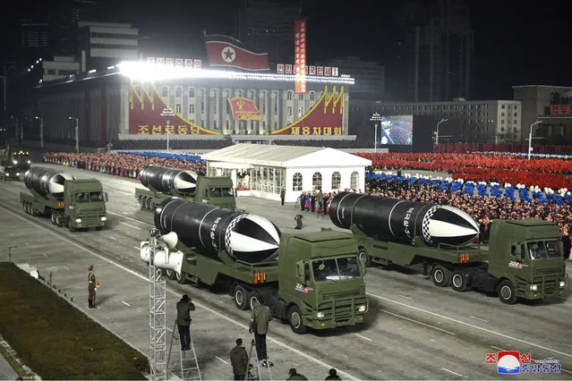 This photo provided by the North Korean government shows missiles during a military parade marking the ruling party congress, at Kim Il Sung Square in Pyongyang, North Korea Thursday, January 14, 2021. (Photo by Korean Central News Agency/Korea News Service via AP Photo)