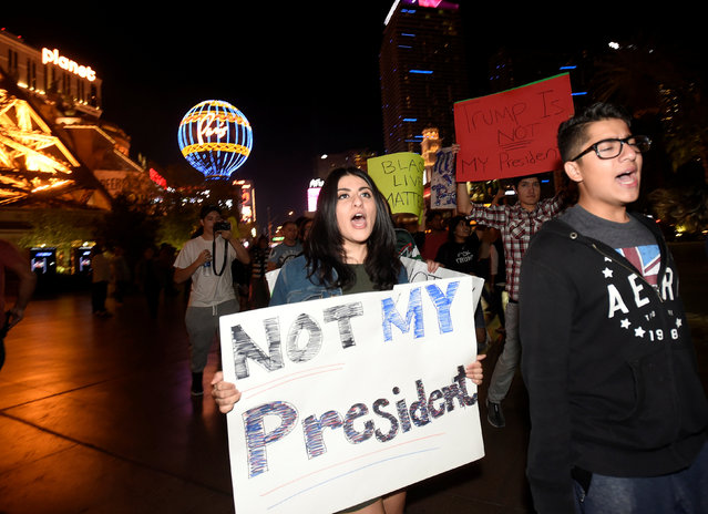 Demonstrators chant during a protest march against the election of Republican Donald Trump as President of the United States, along the Las Vegas Strip in Las Vegas, Nevada, U.S. November 9, 2016. (Photo by David Becker/Reuters)