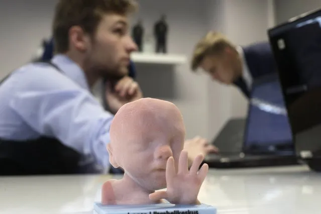 A three-dimensional (3D) print model of an unborn baby is pictured in Tallinn, Estonia January 28, 2015. An Estonian 3D technology company has found a way to make pregnancy more exciting, giving parents and loved ones the opportunity to touch their baby before it is even born by printing out 3D foetus models. (Photo by Ints Kalnins/Reuters)
