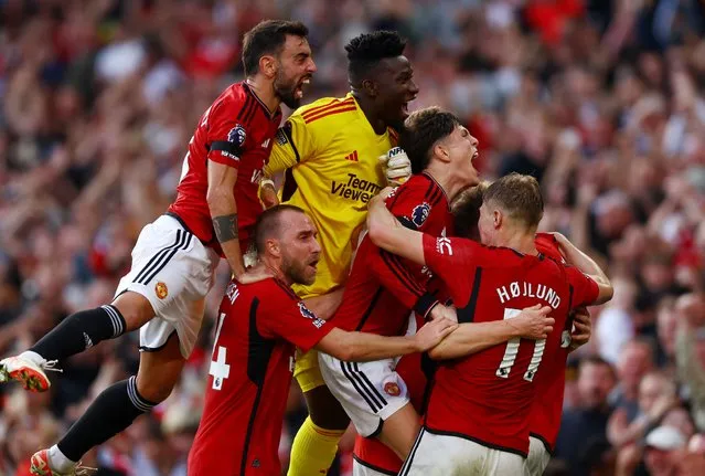Manchester United's Scott McTominay celebrates with teammates after scoring his team's second goal against Brentford at Old Trafford on Saturday, October 7, 2023. (Photo by Molly Darlington/Reuters)
