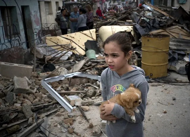 A girl with her puppy surveys the destruction left behind by a tornado in Havana, Cuba, Monday, January 28, 2019. A tornado and pounding rains smashed into the eastern part of Cuba's capital overnight, toppling trees, bending power poles and flinging shards of metal roofing through the air as the storm cut a path of destruction across eastern Havana. (Photo by Ramon Espinosa/AP Photo)