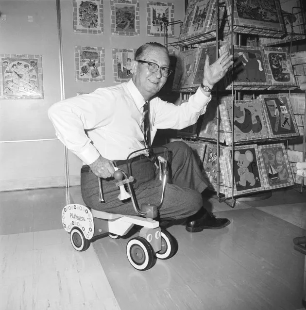 Jarvis (Jerry) Rockwell, 75, shown on his “Tyke Truck” in Chicago on February 7, 1967 , which is a modernized version of the kiddie car produced generations ago. Rockwell said his employer, Playskool, sold a million of the kiddie car type toy. A brother of Norman Rockwell, the artist, Rockwell has been designing toys for 36 years. (Photo by AP Photo)