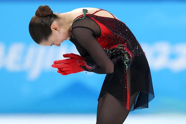 Kamila Valieva of Team ROC reacts after skating during the Women Single Skating Free Skating on day thirteen of the Beijing 2022 Winter Olympic Games at Capital Indoor Stadium on February 17, 2022 in Beijing, China. (Photo by Catherine Ivill/Getty Images)