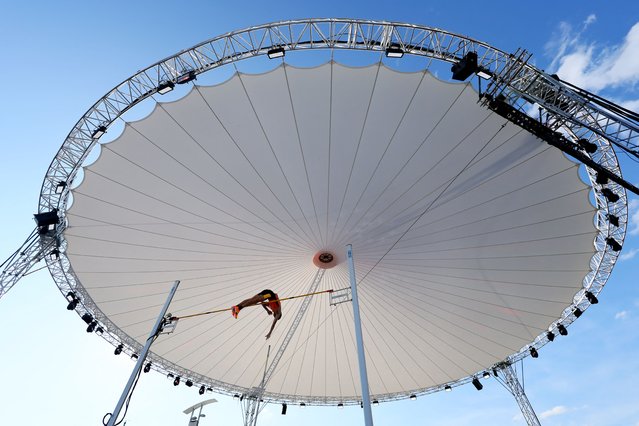 Switzerland's Valentin Imsand competes in the men's pole vault during the Athletics Diamond League in Lausanne, Switzerland on August 21, 2024. (Photo by Denis Balibouse/Reuters)