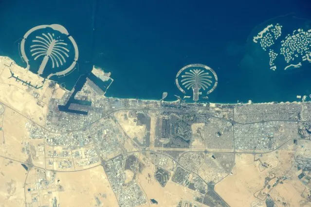 Dubai, United Arab Emirates, is shown here including artificial archipelagos, Palm Jebel Ali, left, Palm Jumeirah, and The World. (Photo by Tim Peake/ESA/NASA)