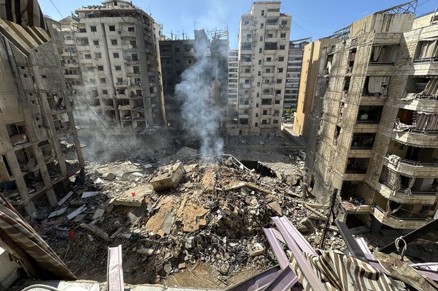 Damaged buildings following an overnight Israeli military strike, in the southern suburbs of Beirut, Lebanon, 02 October 2024. According to the Lebanese National News Agency (NNA),  Israeli warplanes conducted a series of raids against multiple neighborhoods in the southern suburbs of Beirut (Dahieh) on the evening of 01 October. On 30 September Israel announced the beginning of a 'limited, localized and targeted' ground operation against Hezbollah in southern Lebanon. (Photo by Wael Hamzeh/EPA)