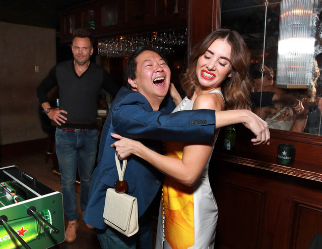 Joel McHale, Ken Jeong and Alison Brie in the Heineken Green Room at Vulture Festival Presented By AT&T at The Roosevelt Hotel on November 10, 2019 in Hollywood, California. (Photo by Rich Fury/Getty Images for New York Magazine)
