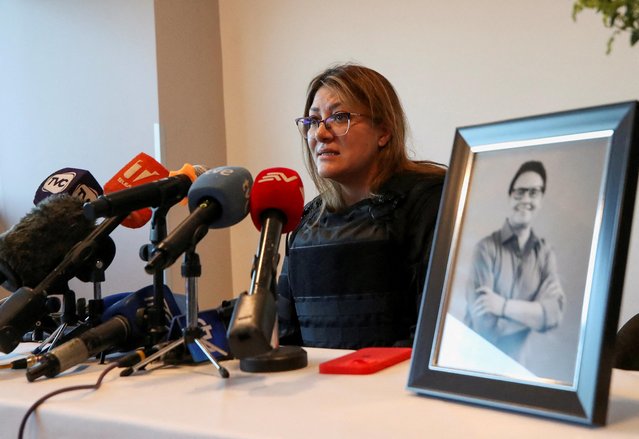 Veronica Sarauz, widow of former Ecuadorean presidential candidate Fernando Villavicencio, a vocal critic of corruption and organized crime, speaks to the media during a press conference at a hotel, after Villavicencio was killed during a campaign event, in Quito, Ecuador on August 12, 2023. (Photo by Henry Romero/Reuters)