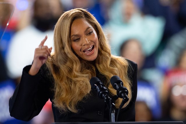 American singer Beyonce speaks during the rally of the US Vice President and Democratic presidential nominee Kamala Harris, at the Shell Energy Stadium in Houston, Texas, USA, 25 October 2024. Harris is running against former US president and Republican presidential nominee Donald Trump and the United States will hold its election on 05 November 2024. (Photo by Carlos Ramirez/EPA/EFE)