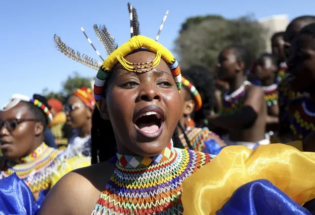 A woman wears traditional headgear and necklace, during King Misuzulu ka Zwelithini coronation, at KwaKhangelamankengane Royal Palace in Nongoma, South Africa. Saturday, August 20, 2022. South Africa’s ethnic Zulu nation hosted a coronation event for its new traditional king amid internal divisions that have threatened to tear the royal family apart. King Misuzulu ka Zwelithini, a son of the late King Goodwill Zwelithini who died from a diabetes-related illness in March last year, will undergo the traditional ritual known as ukungena esibayeni (entering the royal village) to mark his installation as the new leader of the Zulu nation. (Photo by AP Photo/Stringer)