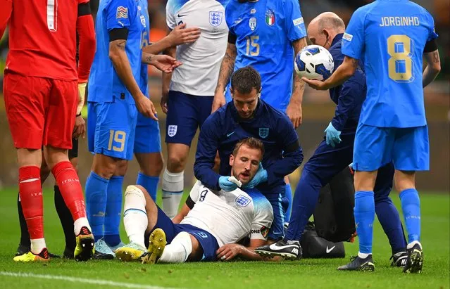 Harry Kane of England receives medical attention during the UEFA Nations League League A Group 3 match between Italy and England at San Siro on September 23, 2022 in Milan, Italy. (Photo by Michael Regan/Getty Images)