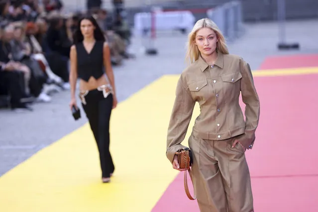 Gigi Hadid wears a creation for the Stella McCartney ready-to-wear Spring/Summer 2023 fashion collection presented Monday, October 3, 2022 in Paris. (Photo by Vianney Le Caer/Invision/AP Photo)