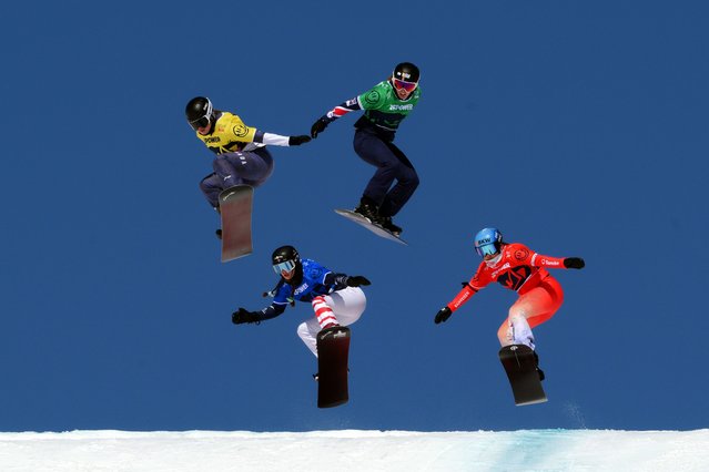 Charlotte Bankes of Great Britain, Meryeta Odine of Canada, Lea Casta of France and Sina Siegenthaler of Switzerland compete during Snowboard Cross Women's Semi Final Heat 1 during Day 12 of the FIS Snowboard, Freestyle and Freeski World Championships 2025 on March 28, 2025 in Corviglia, St. Moritz, Switzerland. (Photo by David Ramos/Getty Images)