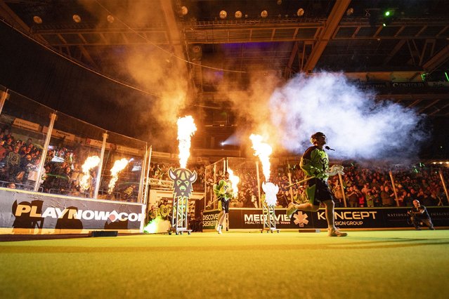 Saskatchewan Rush defense Connor McClelland is introduced prior to taking on the Buffalo Bandits in Game 2 of the National Lacrosse League finals in Saskatoon, Saskatchewan, Sunday, May 18, 2025. (Photo by Liam Richards/The Canadian Press via AP Photo)