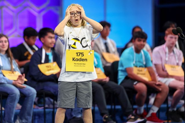 Kaden Haddox, 12, from Steubenville, Ohio, reacts after successfully completing his turn during the annual Scripps National Spelling Bee in National Harbor, Maryland, U.S., May 27, 2025. (Photo by Evelyn Hockstein/Reuters)