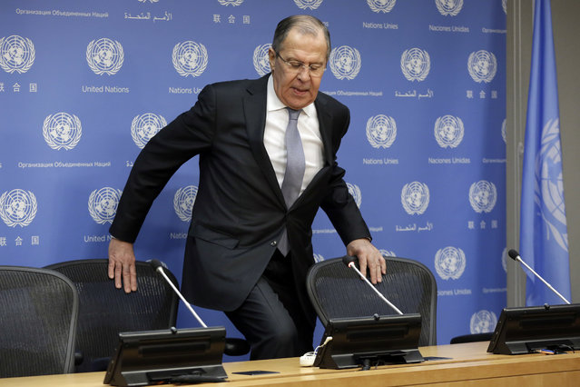Russia's Foreign Minister Sergei Lavrov arrives for a news conference at United Nations headquarters, Friday, January 19, 2018. (Photo by Richard Drew/AP Photo)