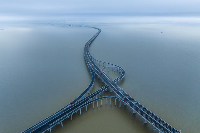 Aerial view of Shenzhen-Zhongshan bridge, a 24-kilometer bridge-island-tunnel project, on June 16, 2024 in Shenzhen, Guangdong Province of China. The Shenzhen-Zhongshan Link has passed construction acceptance, marking the successful completion of the world-class trans-sea cluster project after seven years of preparatory work and challenging construction, the Guangdong Transporation Group announced on Sunday. (Photo by VCG/VCG via Getty Images)