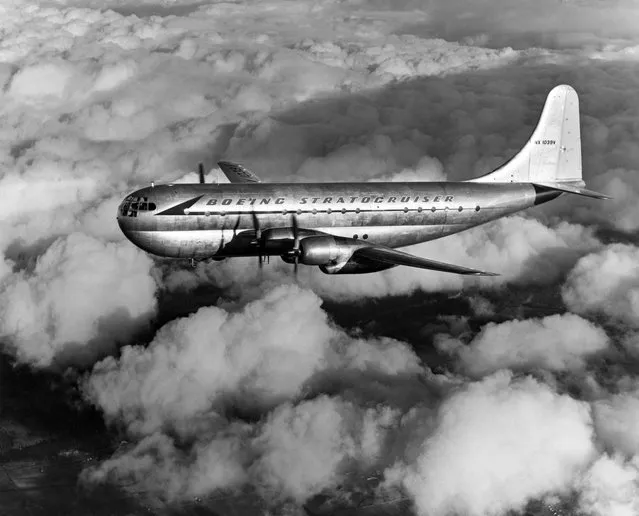 A Boeing 377-10-26 Stratocruiser in flight, circa 1948. The aircfraft shown is in Boeing markings, and is being used as a second prototype. It was later sold to Pan American Airways and renamed Clipper Good Hope. The plane later crashed in the Amazon jungle on 28th April 1952, killing all 50 people on board. (Photo by R. Gates/Frederic Lewis/Archive Photos/Getty Images)