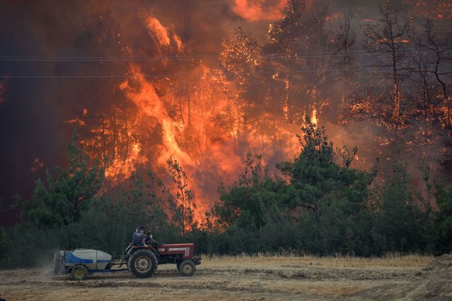 Efforts to extinguish a fire that broke out in a forest area in the Geyve continue as it spread to the Bilecik, Turkiye on July 21, 2025. The village of Buyukyenice, which is part of the Osmaneli district, has been evacuated. (Photo by Sergen Sezgin/Anadolu via Getty Images)