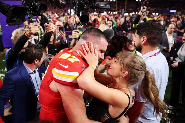 Travis Kelce #87 of the Kansas City Chiefs and Taylor Swift embrace after defeating the San Francisco 49ers  in overtime during Super Bowl LVIII at Allegiant Stadium on February 11, 2024 in Las Vegas, Nevada. (Photo by Ezra Shaw/Getty Images)