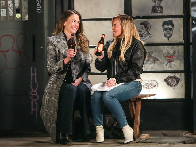 American actresses Hilary Duff and Sutton Foster are seen on the set of the “Younger” in Williamsburg, Brooklyn on December 10, 2020 in New York City. (Photo by Jose Perez/Bauer-Griffin/GC Images)