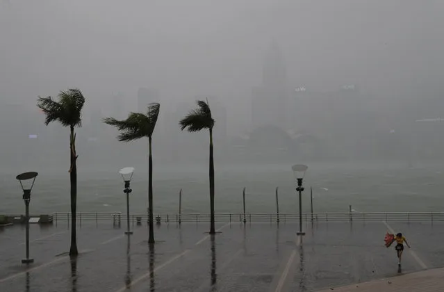 A woman braves the wind on the waterfront of Victoria Habour as Typhoon Haima approaches Hong Kong, Friday, October 21, 2016. (Photo by Vincent Yu/AP Photo)