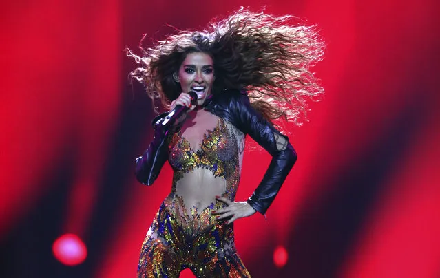 Eleni Foureira from Cyprus performs the song “Fuego” in Lisbon, Portugal, Tuesday, May 8, 2018 during the first semi-final for the Eurovision Song Contest. The Eurovision Song Contest semi-finals take place in Lisbon on Tuesday, May 8 and Thursday, May 10 with the the grand final taking place on Saturday May 12, 2018. (Photo by Armando Franca/AP Photo)
