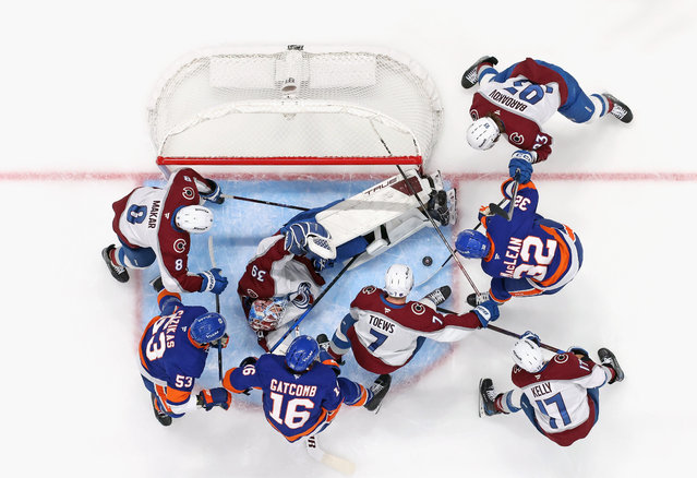 Mackenzie Blackwood #39 of the Colorado Avalanche defends the net against the New York Islanders at UBS Arena on December 04, 2025 in Elmont, New York. The Islanders defeated the Avalanche 6-3. (Photo by Bruce Bennett/Getty Images)