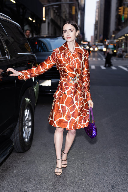 American actress Lily Collins is seen in Midtown on December 10, 2025 in New York City. (Photo by TheStewartofNY/GC Images)