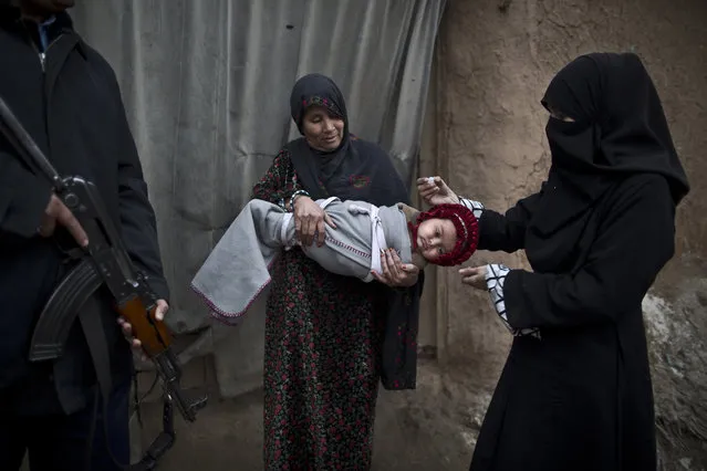 A Pakistani police officer, left, stands guard while a polio worker vaccinates an Afghan refugee child against polio in a slum on the outskirts of Islamabad, Pakistan, Wednesday, January 21, 2015. (Photo by Muhammed Muheisen/AP Photo)