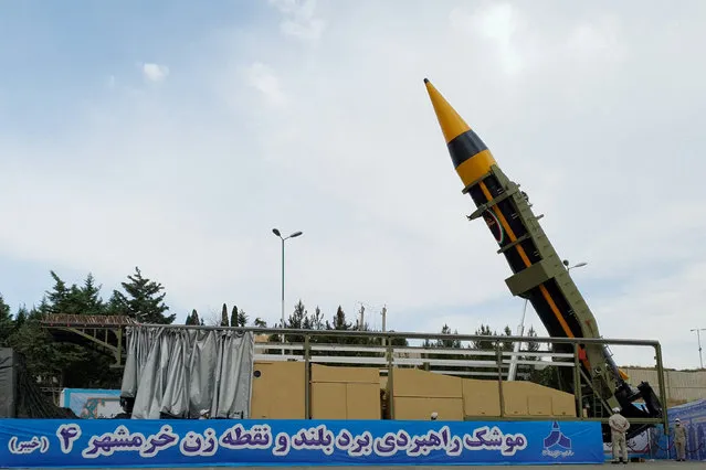 A new surface-to-surface ballistic missile called Khaibar with a range of 2,000 km, unveiled by Iran, is seen in Tehran, Iran, May 25, 2023. (Photo by WANA (West Asia News Agency) via Reuters)