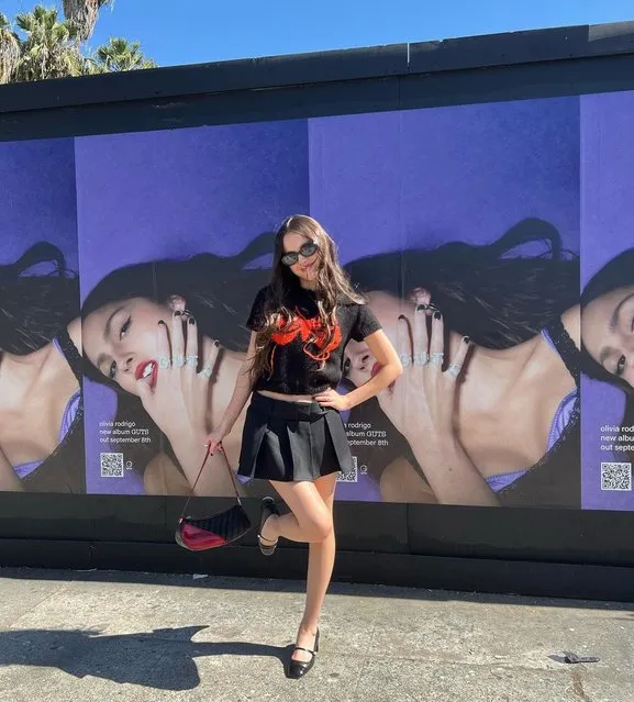 American singer-songwriter Olivia Rodrigo in the last decade of July 2023 kicks up her leg in celebration of her new album. (Photo by oliviarodrigo/Instagram)